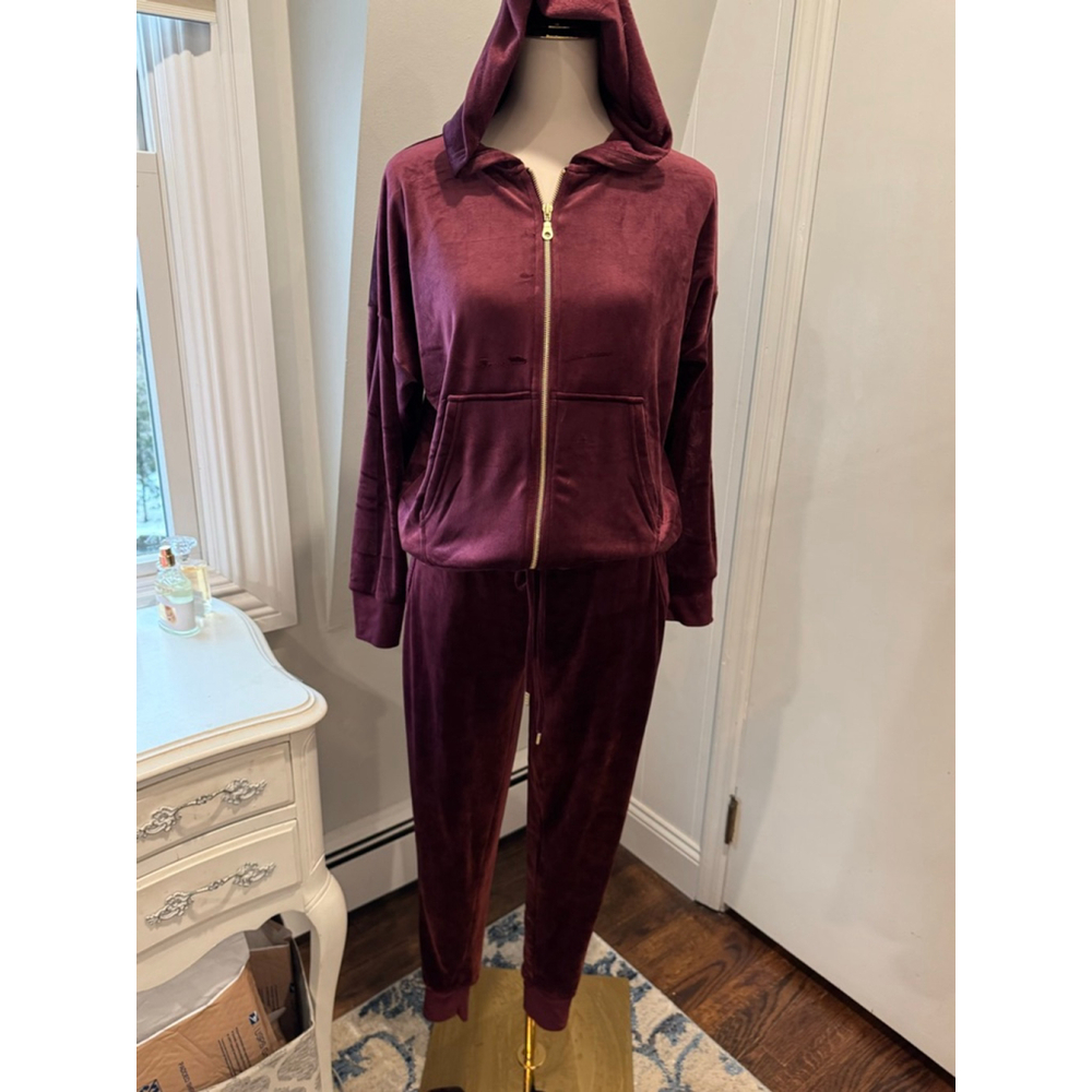 Felina | Women's Luxe Velour Zip Hoodie Track Pants & Joggers | Color-Fig Size M - Picture 2 of 11